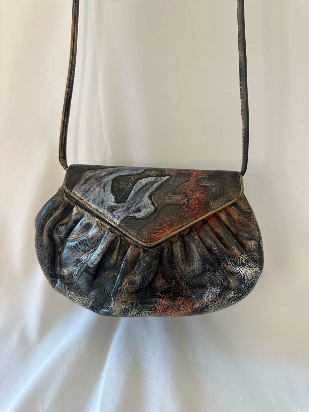Artistic Black Leather Shoulder Bag with Multicolor Painted Accents
